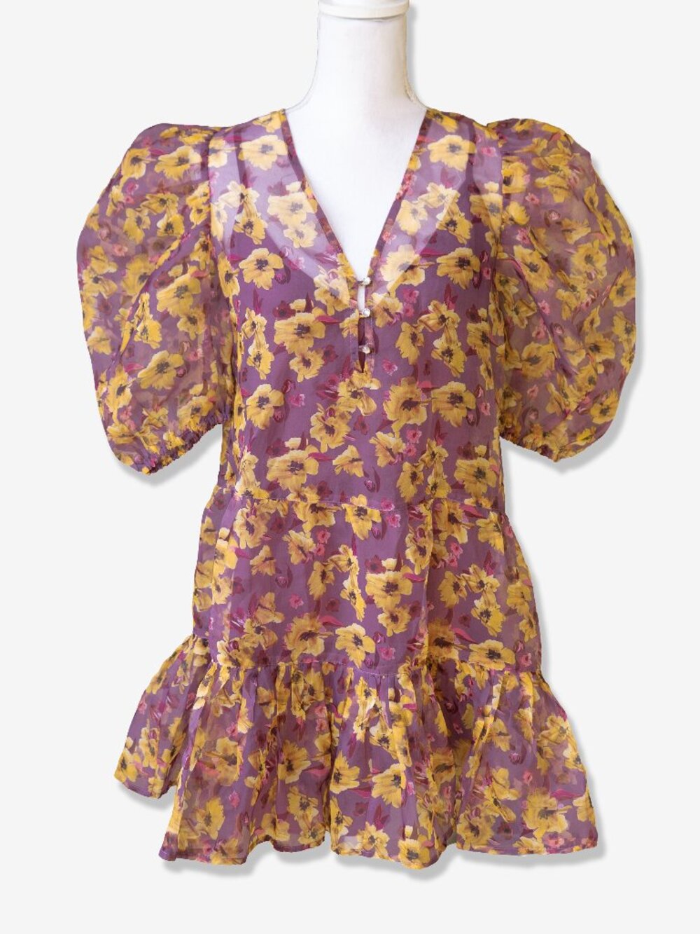 RAHI Puff Sleeve Tunic Dress Sheer Pink Yellow Peony Loose Ruffle Tier Mini